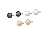 Rhodium Over Sterling Silver  6-7mm Set of 3 White/BlacK/Pink Button FWC Pearl Earrings