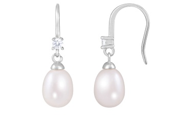 Picture of White Cultured Freshwater Pearl and Cubic Zirconia Rhodium Over Sterling Silver 7-8mm Drop Earrings