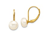 14K Yellow Gold 7-8mm White Button Freshwater Cultured Pearl Leverback Earrings