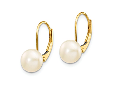 14K Yellow Gold 7-8mm White Button Freshwater Cultured Pearl Leverback Earrings