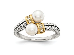 Sterling Silver Antiqued with 14K Accent Freshwater Cultured Pearl and Diamond By-Pass Ring