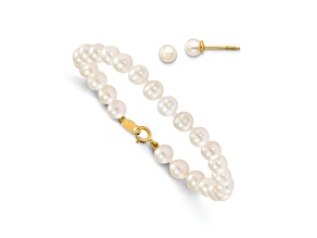 14K Yellow Gold 4-5mm White Freshwater Cultured Pearl Bracelet and Earring Set