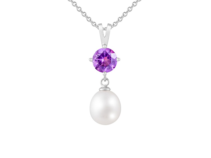8-9mm Drop White Cultured Freshwater Pearl and Amethyst Rhodium Over Sterling Silver