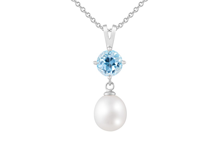 8-9mm Drop White Cultured Freshwater Pearl and Blue Topaz Rhodium Over Sterling Silver