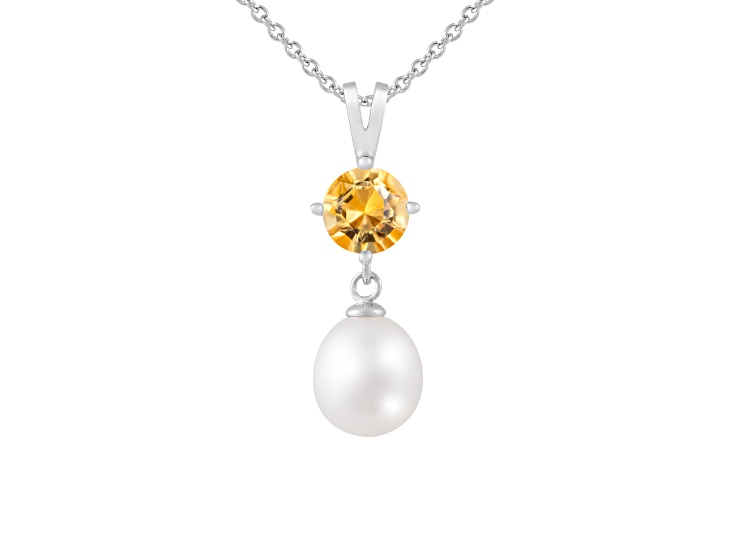 8-9mm Drop White Cultured Freshwater Pearl and Citrine Rhodium Over Sterling Silver