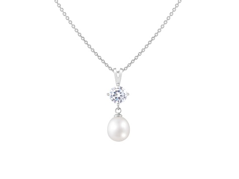 8-9mm Drop White Cultured Freshwater Pearl and White Topaz Rhodium Over Sterling Silver