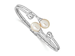 Rhodium Over Sterling Silver 8x10mm White Teardrop Freshwater Cultured Pearl Hinged Bangle