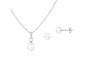 White Cultured Freshwater Pearl Rhodium Over Sterling Silver Pendant & Earring Set