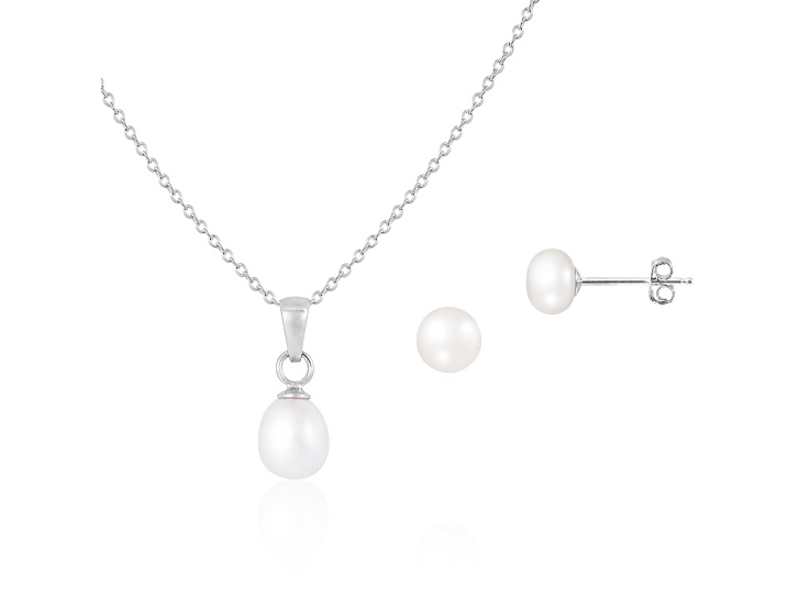White Cultured Freshwater Pearl Rhodium Over Sterling Silver Pendant & Earring Set