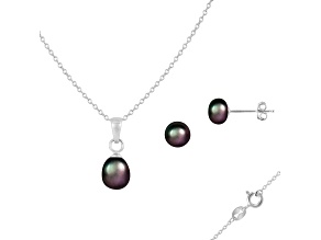6mm Black Cultured Freshwater Pearl Rhodium Over Sterling Silver Pendant & Earring Set