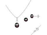 6mm Black Cultured Freshwater Pearl Rhodium Over Sterling Silver Pendant & Earring Set
