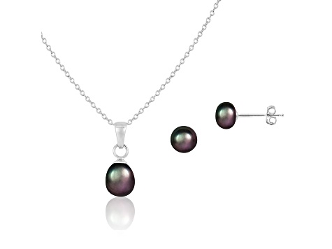 6mm Black Cultured Freshwater Pearl Rhodium Over Sterling Silver Pendant & Earring Set