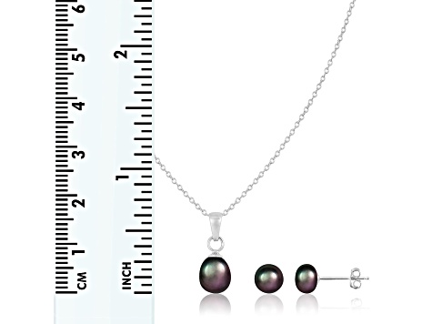 6mm Black Cultured Freshwater Pearl Rhodium Over Sterling Silver Pendant & Earring Set