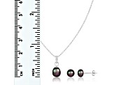 6mm Black Cultured Freshwater Pearl Rhodium Over Sterling Silver Pendant & Earring Set