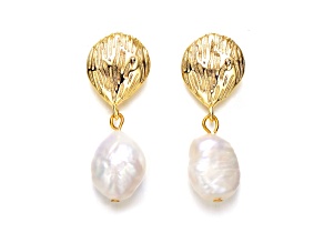 Baroque Oval Genuine Freshwater Pearl, 14K Gold Plated over Sterling Silver Dangle Earrings