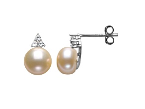 Peach Cultured Freshwater Pearl & Lab Created Sapphire Rhodium Over Sterling Silver Earrings