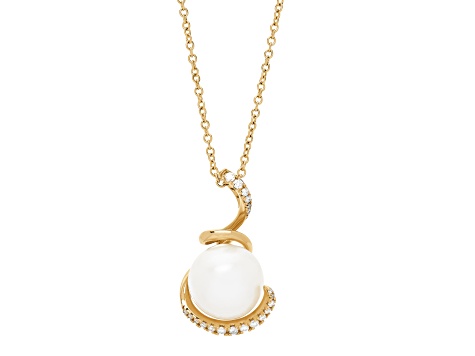 13-14mm Round White Freshwater Pearl with Diamond 14K Yellow gold Pendant with Chain