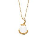 13-14mm Round White Freshwater Pearl with Diamond 14K Yellow gold Pendant with Chain