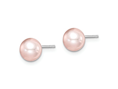 Rhodium Over Sterling Silver 6-7mm Pink Round FWC Pearl Stud Earrings