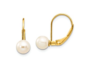 10k Yellow Gold 5-6mm White Round Freshwater Cultured Pearl Dangle Earrings