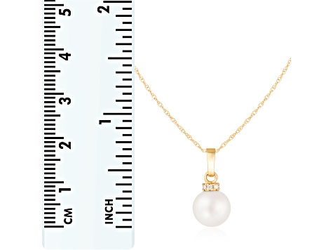 White Cultured Freshwater Pearl and Diamond 14K Yellow Gold Pendant 8-8.5mm