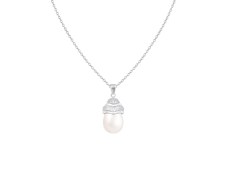 10-11mm Round White Cultured Freshwater Pearl and CZ Rhodium Over Sterling Silver Pendant
