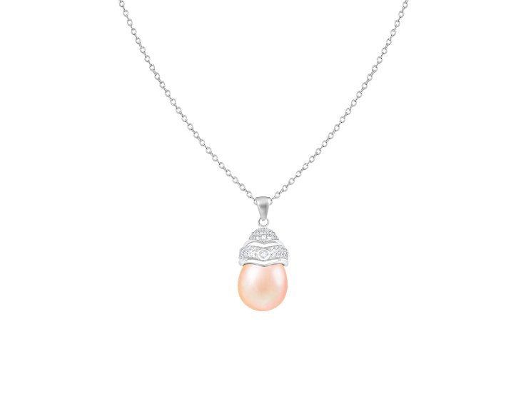 10-11mm Round Pink Cultured Freshwater Pearl and CZ Rhodium Over Sterling Silver Pendant