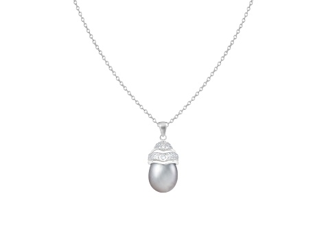10-11mm Round Gray Cultured Freshwater Pearl and CZ Rhodium Over Sterling Silver Pendant