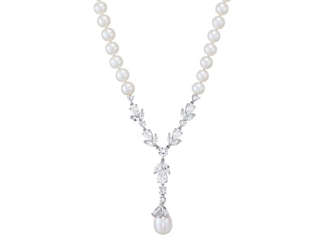 White Freshwater Pearl and White Sapphire Sterling Silver Lariat Necklace
