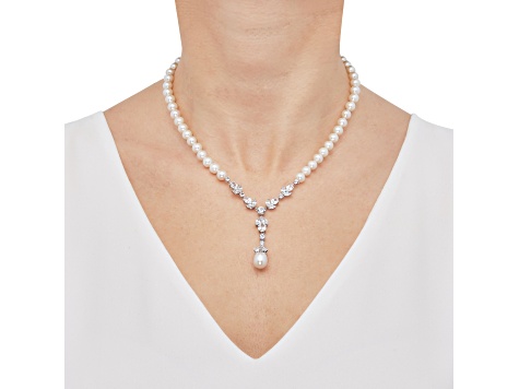 White Freshwater Pearl and White Sapphire Sterling Silver Lariat Necklace