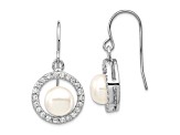 Rhodium Over Sterling Silver 7-8mm White Freshwater Cultured Pearl Cubic Zirconia Dangle Earrings