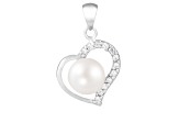 7-7.5mm Button White Cultured Freshwater Pearl and CZ Rhodium Over Sterling Silver Pendant