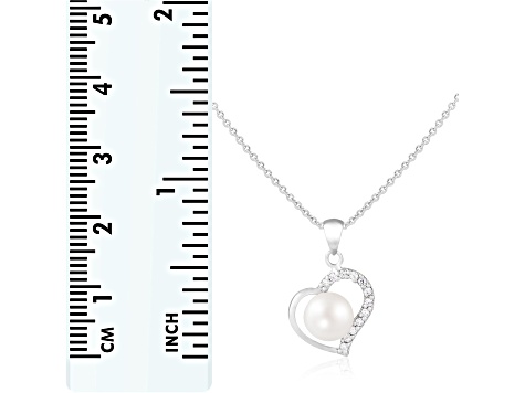 7-7.5mm Button White Cultured Freshwater Pearl and CZ Rhodium Over Sterling Silver Pendant