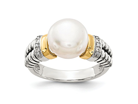 Sterling Silver Antiqued with 14K Accent Diamond and Freshwater Cultured Pearl Ring