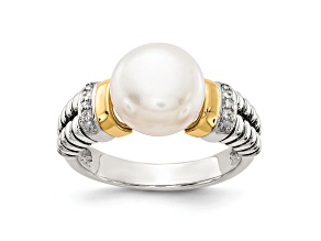 Sterling Silver Antiqued with 14K Accent Diamond and Freshwater Cultured Pearl Ring