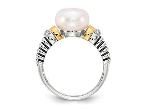 Sterling Silver Antiqued with 14K Accent Diamond and Freshwater Cultured Pearl Ring