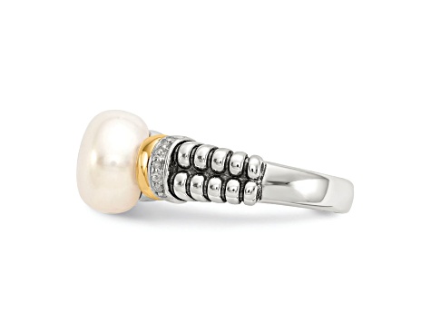 Sterling Silver Antiqued with 14K Accent Diamond and Freshwater Cultured Pearl Ring