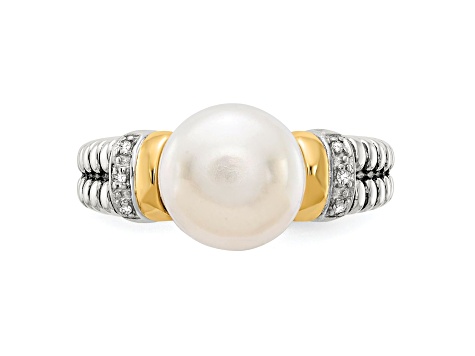 Sterling Silver Antiqued with 14K Accent Diamond and Freshwater Cultured Pearl Ring