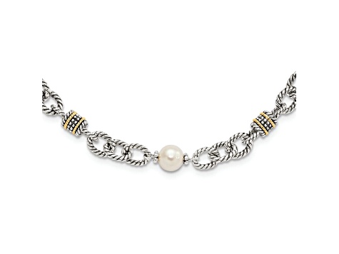 Sterling Silver Antiqued with 14K Accent Freshwater Cultured Pearl Necklace