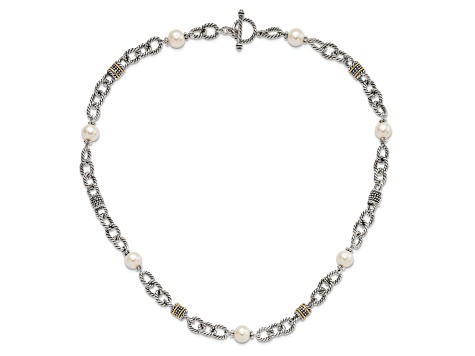 Sterling Silver Antiqued with 14K Accent Freshwater Cultured Pearl Necklace