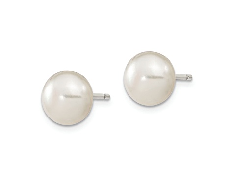 Sterling Silver White Freshwater Cultured Pearl 9-10mm Button Earrings