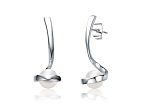 White Freshwater Pearl, Rhodium Plated over Sterling Silver Ribbon Swirl Drop Earrings