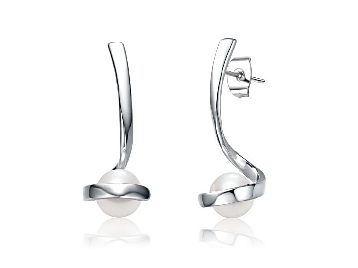 White Freshwater Pearl, Rhodium Plated over Sterling Silver Ribbon Swirl Drop Earrings