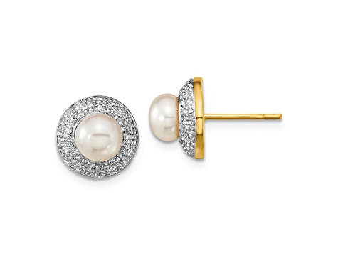 14K Yellow Gold and Rhodium 5-6mm Button Freshwater Cultured Pearl 0.05ct Diamond Post Earrings