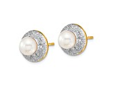 14K Yellow Gold and Rhodium 5-6mm Button Freshwater Cultured Pearl 0.05ct Diamond Post Earrings