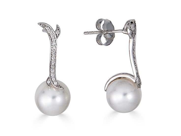 18KW Earrings 0.11 ctw Diamonds 10mm  Cultured Pearls