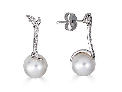 18KW Earrings 0.11 ctw Diamonds 10mm  Cultured Pearls