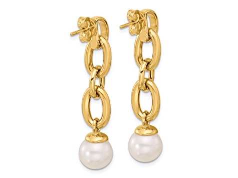 14K Yellow Gold Freshwater Cultured Pearl and Chain Post Dangle Earrings