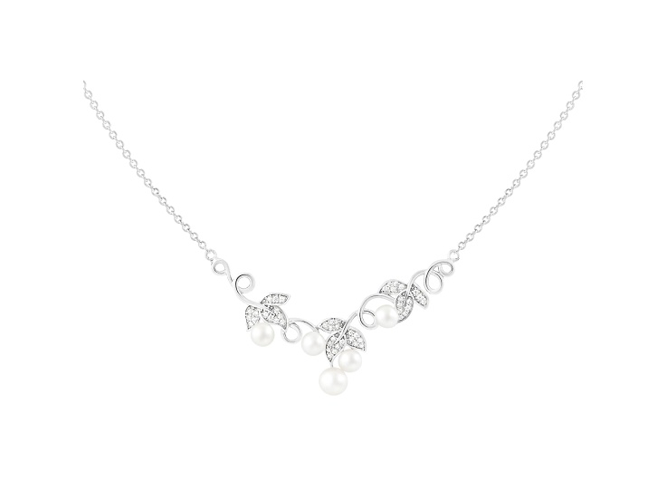 4.5-6mm Button White Cultured Freshwater Pearl and Cubic Zirconia Rhodium Over Sterling Necklace