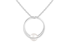 7-8mm Round White Cultured Freshwater Pearl Rhodium Over Sterling Silver Pendant